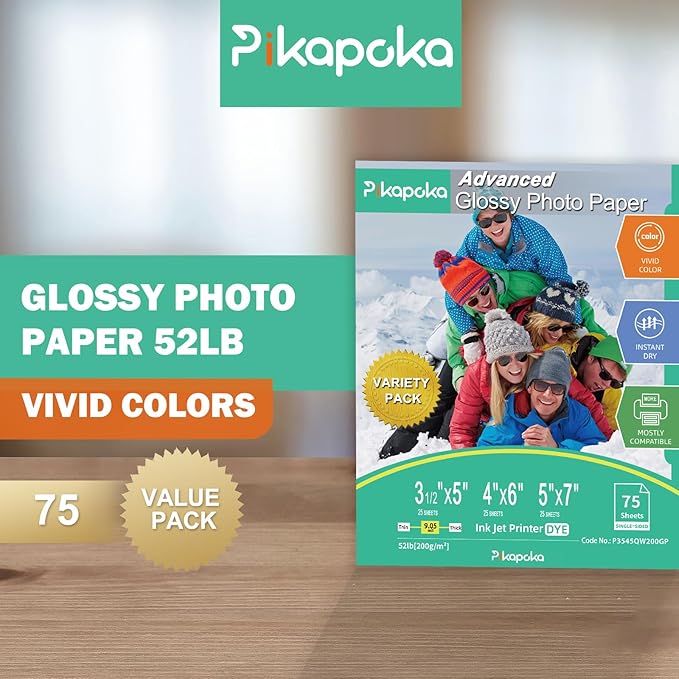 Glossy Photo Paper 3.5x5, 4x6, 5x7, Photo Printer Paper for Inkjet, 75 Variety Pack, Assorted Sizes, 52lb/200gsm