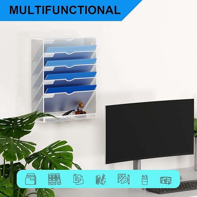 Hanging Wall File Organizer 6 Tier Wall Mounted File Holder Document Wall Organizer Magazine Organization for Office Home, White