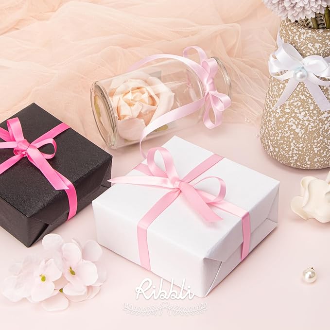 Ribbli Double Faced White Satin Ribbon,3/8” x Continuous 25 Yards,Fabric Ribbon use for Bows Bouquet,Gift Wrapping,Floral Arrangement