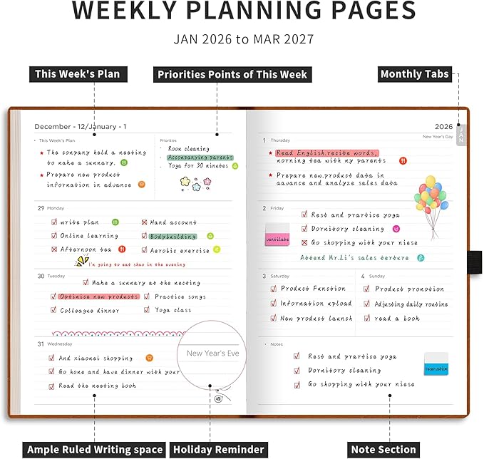 AHGXG 2026 Planner, Weekly and Monthly, Large A4 8.5"x11", Planner 2026-2027, Calendar 15-Months Jan 2026 - Mar 2027, Vegan Leather Softcover, Inner Pocket, Black