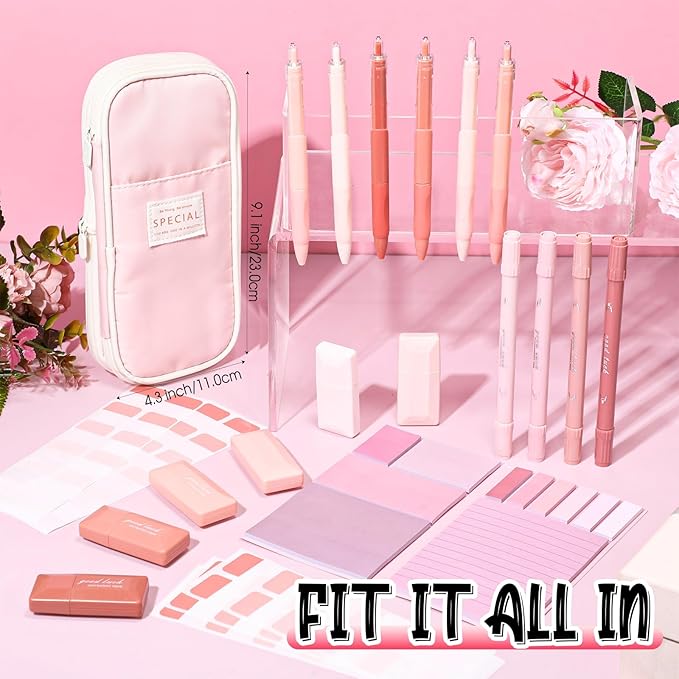 Janlaugh 38 Pcs Aesthetic College School Supplies with Pen Case Sticky Notes Gel Pens Highlighters Correction Tapes Back to School Stationery Kit(Pink Color,Classic)