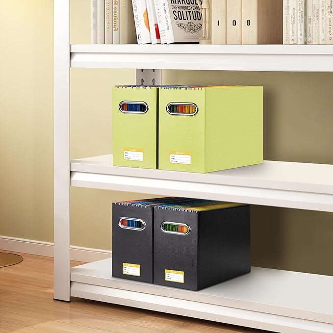 BALEINE File Organizer Box, Cardboard File Folder Organizer with Handle for Letter Size, Portable Collapsible Hanging Filing Box for Home Office Document Storage (2 Pack, Yellow)