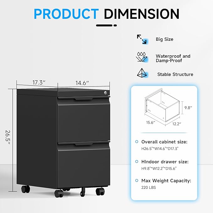 Bestoo 2-Drawer Mobile File Cabinet with Lock, Metal Filing Cabinet on Wheels for Home Office Under Desk, Fits File Folders, Letter/Legal/F4/A4 Size, Assembly Required (Black)