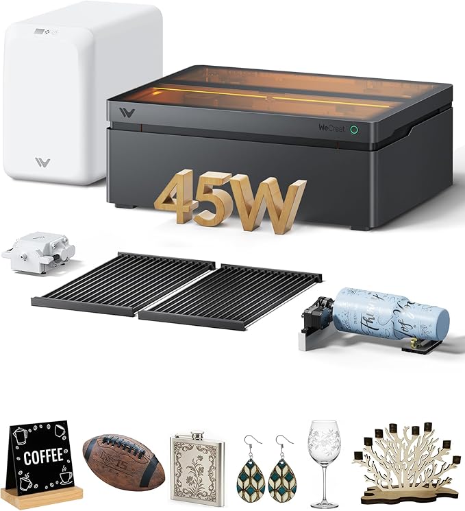 WECREAT Vision Pro 45W Laser Cutter and Engraver with Fume Extractor, HD Camera & Auto-Lifting, Laser Cutter Cuts 1” Wood, Full Enclosure Laser Engraving Machine for Wood and Metal, Acrylic, etc