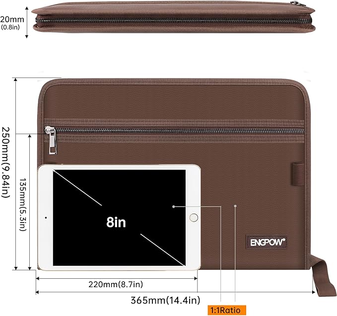 ENGPOW Accordion File Organizer,Fireproof 13 Pockets Expanding File Folder,Document Organizer Folder with Zipper＆Labels,Portable Home Travel Safe Storage for Letter A4 Files and More,Brown