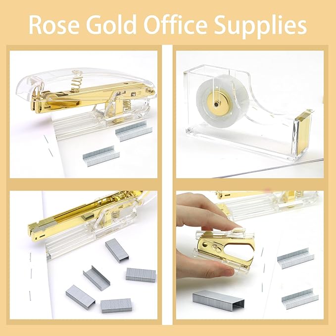 Gold Office Supplies,UPIHO Gold Desk Accessories,Stapler and Tape Dispenser Set with Large Stapler,Tape Dispenser, Staple Remover, Staples, Clips,Scissor,Pen and Sticky Notes,Gifts for Office Clerks