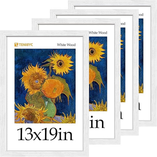 13x19 Picture Frame 4 Pack - White Solid Wood Poster Photo Frame - Tempered Glass - Woodgrain Series - Room, Office, Gallery, Studio Display - Wall Hanging