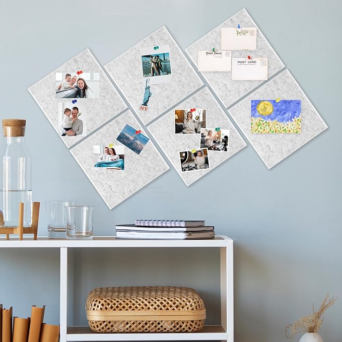 Large Cork Board 36" x 24", 6 Pack Felt Wall Tiles with Colored Pushpins, Bulletin Board with Removable Self-Adhesive Strips, Pin Board Cork Boards for Walls Office Home-Light Gray