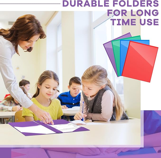Henoyso 48 Pcs Plastic Folder with Clear Front Pocket and 3 Prongs Heavy Duty Plastic Folders with Card Slot Pocket Folders with Prongs for School Office Home(Multicolor)