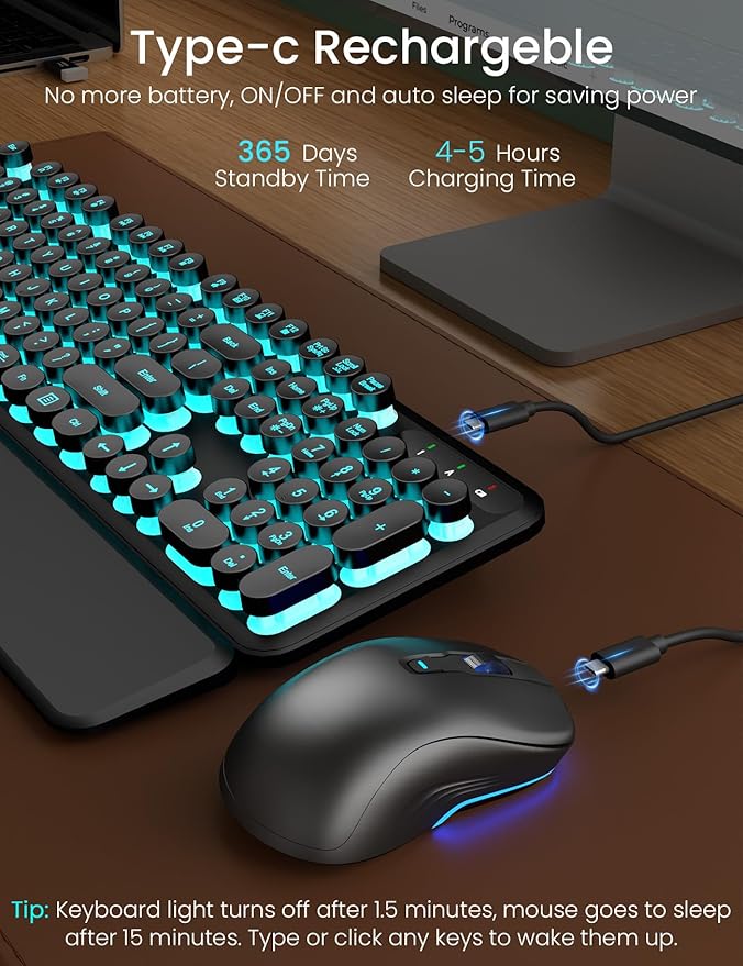 Wireless Keyboard and Mouse Backlit - Typewriter Keyboard with Detachable Wrist Rest, Retro Round Keycaps, Light Up Letters, 2.4G Cordless Combo for Mac, Windows, PC, Laptop, Trueque [2024 Upgraded]