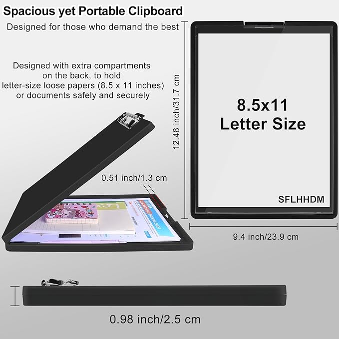 Clipboard with Storage,Three-Tier Box Clipboards(Letter Size),Storage Clipboard with Clip Form Holder Clipboards,Dry Erase Clip Boards 8.5x11 with Storage for Office School Supplies Clip Board-Black