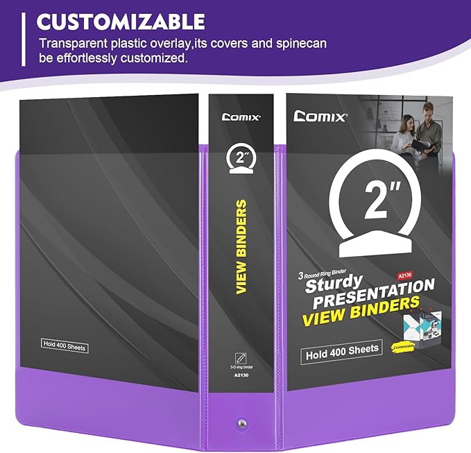 COMIX 3 Ring Binder 2 inch with Clear View Cover, 2" View Binder Holds 450 Sheets of US Letter Size Paper, 6 Pack (Purple)