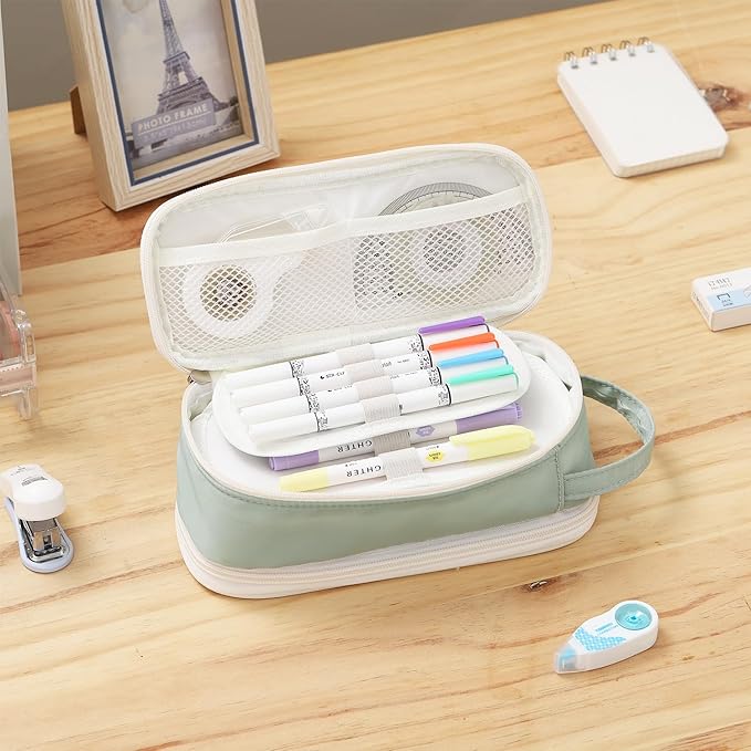 Large Pencil Case Zipper Pencil Pouch for Girls Adults Kids Aesthetic Pencil Bag with Handle Portable Big Capacity Pen Bag Organizer for School Office Green