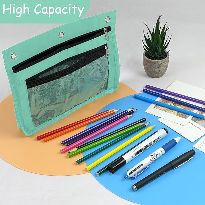 YoeeJob 1 Pack Pencil Pouch for 3 Ring Binder, Expandable Binder Pouches with Zipper, Large Capacity Pen Holder Case with Clear Window School Class Office Organizers, Lake Blue