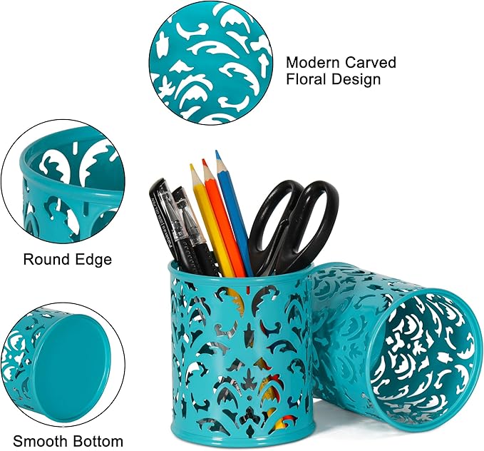 EasyPAG Metal Round Pen Holder 2 Pack Desk Pencil Organizer for Classroom, School & Office,Dark Teal