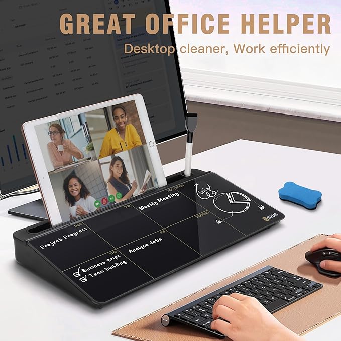 SELEAD Desktop Glass Whiteboard Weekly Planner Calendar with Organizer, Markers, Eraser, Holder - Small Dry Erase White Board TODO List Memo for Home, School, Office Desk Accessories - Black