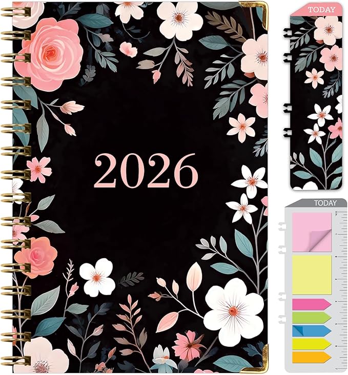HARDCOVER 2026 Planner, 5.5"x8": 14 Months (November 2025 - December 2026), Daily Weekly Monthly Planner, Yearly Agenda, Bookmark, Pocket Folder and Sticky Note Set (Black Floral Pink)