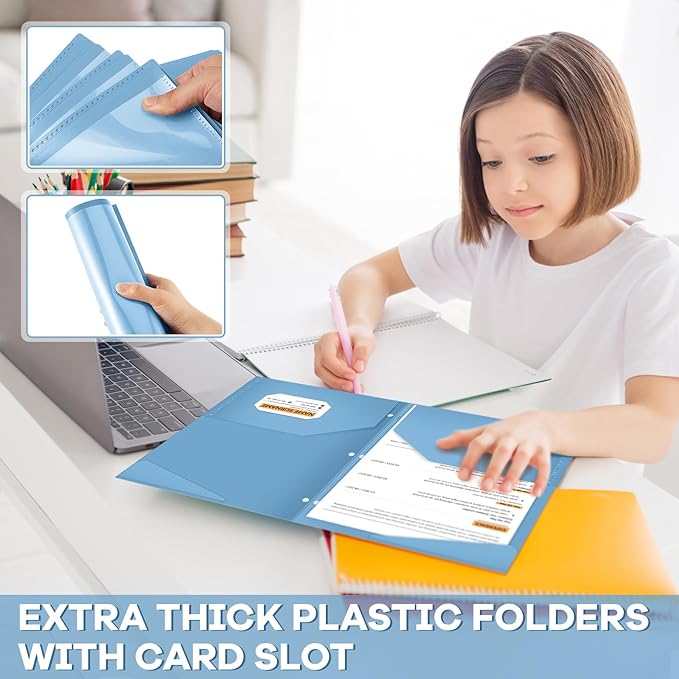 Henoyso 60 Pcs 2 Pocket Plastic Folders with Clear Front Pocket 3 Hole Punched File Folder Letter Size Take Home Documents Holder for Paper Holder Office Business Back to School Supply (Haze Blue)