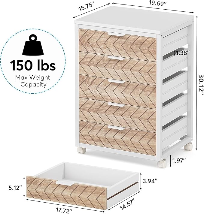 Tribesigns 5 Drawer Chest, Wood Storage Dresser Cabinet with Wheels, Industrial Storage Drawer Organizer Cart for Office Bedroom Entryway (Beige & White, 1 PC)