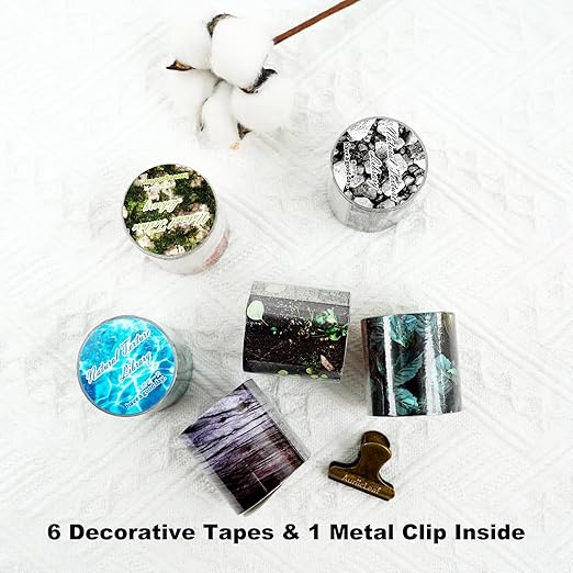 Nature-Inspired Washi Tape Set – 6 Decorative Rolls Featuring Realistic Plant, Pebble, Bark, Moss, and Water Designs for Journaling and Scrapbooking