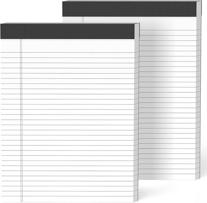 2-Pack Professional Legal Pads 8.5x11 Inches, Wide Ruled White Paper Perforated - 50 Sheets per Pad, Durable for Office, School & Legal Use