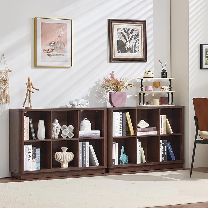 6 Cube Storage Bookcase, 40" Wide Low Horizontal Book Shelf with Curved Edge, Wood Floor Standing 2-Tier Bookshelf with Base, Farmhouse Short Book Case for Bedroom, Living Room, Office, Walnut