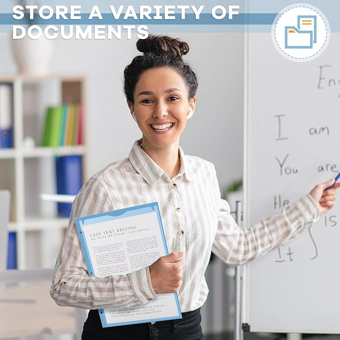 Henoyso 60 Pcs 2 Pocket Plastic Folders with Clear Front Pocket 3 Hole Punched File Folder Letter Size Take Home Documents Holder for Paper Holder Office Business Back to School Supply (Haze Blue)