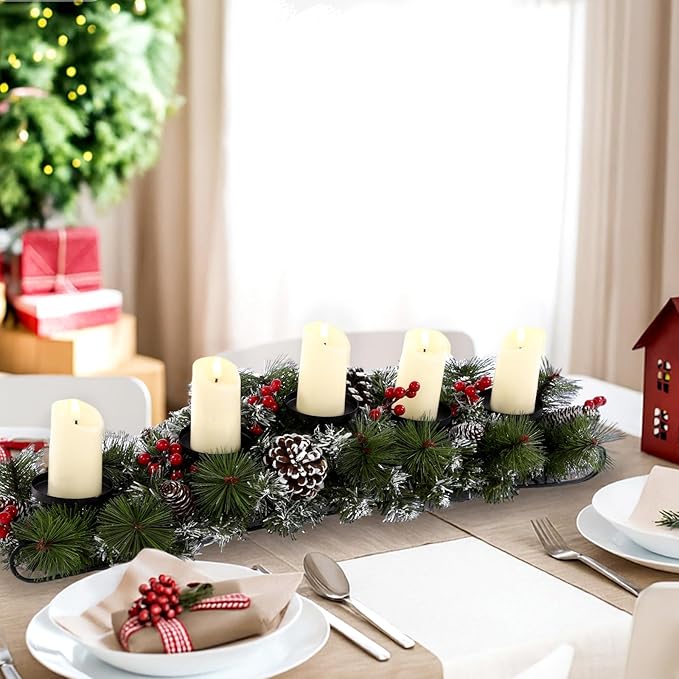 Yungyan Christmas Tabletop Centerpiece 30 Inch, Includes 5 Battery Operated LED Candle Holders, Red Berries, Pine Cones and Base, Christmas Artificial Dinner Table Decorations