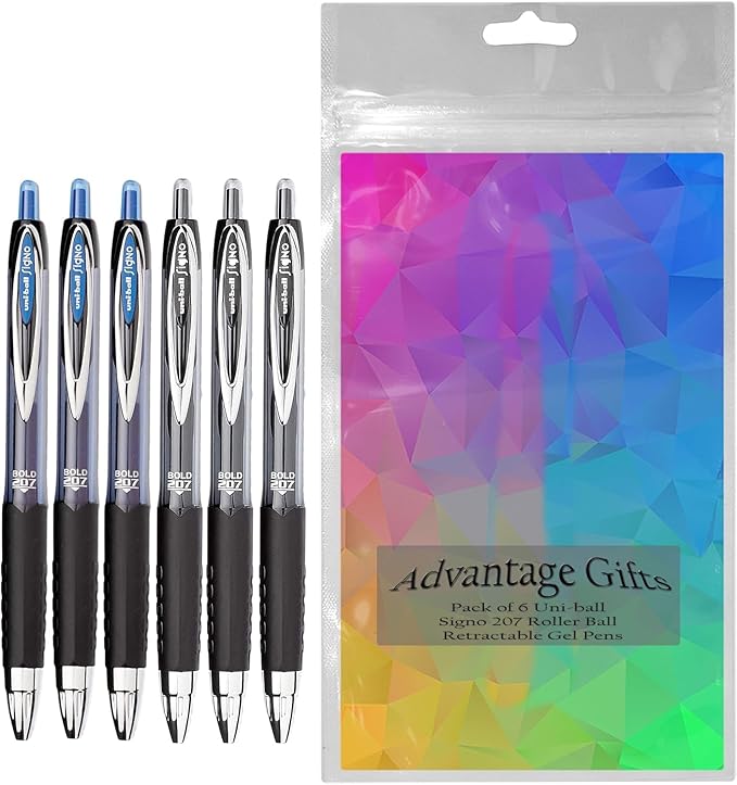 Signo 207 Roller Ball Retractable Gel Pens, Bold Point (1.0mm), Black And Blue Ink, 6 Count, Bundle with Plastic Reusable Pouch