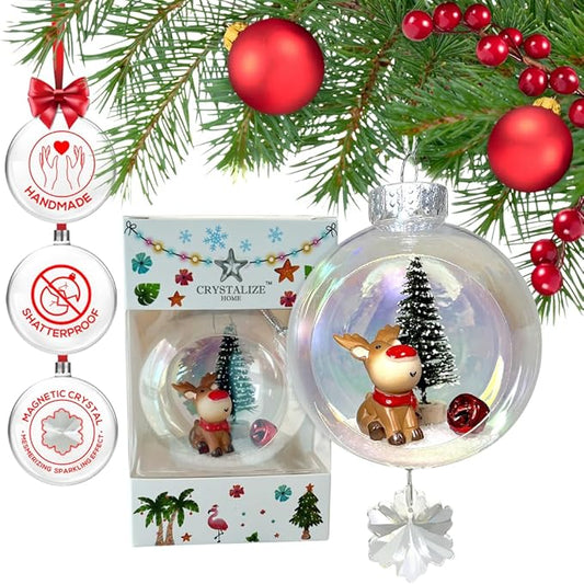 Rudolph Christmas Ornament - Handmade Shatterproof Decorations for Indoor Outdoor Xmas Tree - Clear Ball Ornaments with Magnetic Crystal - Great Gift or Stocking Stuffer for Mom, Sister, Friend
