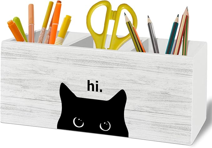 Hi Black Cat Pen Pencil Holder Organizer for Desk Accessories, Black Cat Mom Lady Lovers Owner Gifts Wooden Box Sign Desk Decor for Home Office Decoration, Pet Lover Gifts