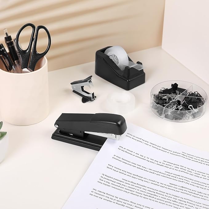 SKYDUE Black Office Supplies Set, Black Desk Accessories, Stapler, Tape Dispenser, Scissors, Binder/Paper Clips and 1000pcs Staples, Desk Supplies Set