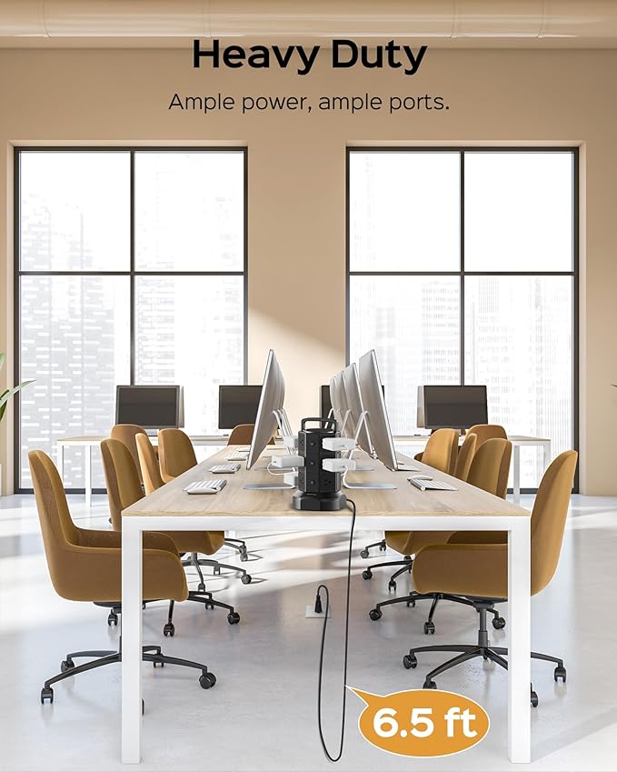 Power Strip Tower Surge Protector, JACKYLED 1625W 13A Outlet Surge Electric Tower, 12 Outlets 6 USB Ports Charging Station with 16AWG 6.5ft Heavy Duty Extension Cord for Home Office Dorm Black