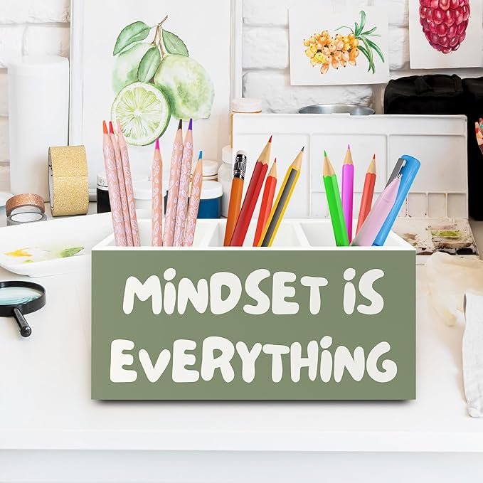 Green Inspirational Pen Pencil Holder Organizer for Desk, Inspirational Gifts for Women, Mindset Is Everything Motivational Wooden Box Sign for Home Office Desk Tabletop Decorations