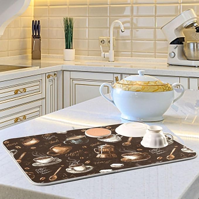 Coffee Beans Dish Drying Mat for Kitchen Counter 18 x 24 Inch Absorbent Microfiber Dry Dishes Mats Drainer Mat Dish Drying Pad for Countertops