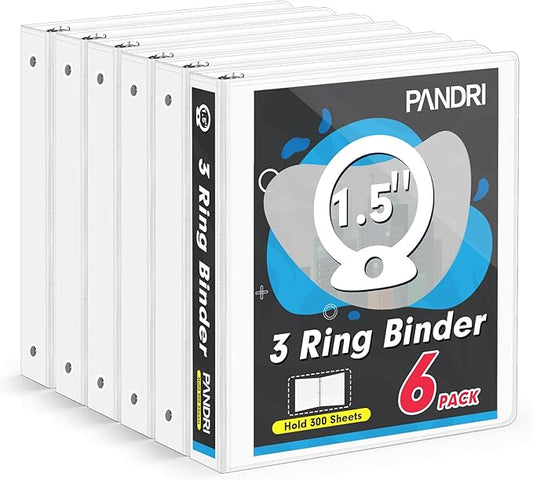 3 Ring Binder 1.5 Inch, PANDRI 6 Pack 1.5-Inch Binder Fits Letter Size 8.5'' x 11'' Paper, Versatile Binders for Office Home School, 2 Pockets, White