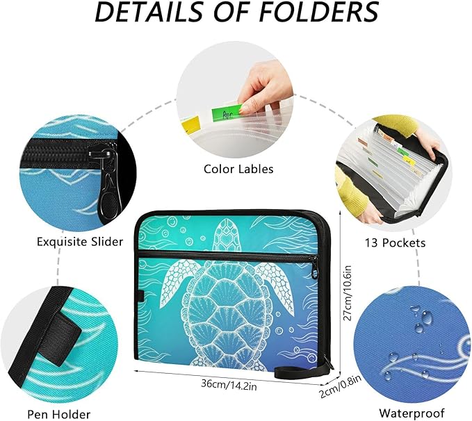 Expanding File Folder,13 Pocket Accordion File Folders with Sticky Labels,A4 Letter Size Paper Document Organizer with Zipper Closure for Office School Boys Girls，Underwater Seaweed Sea Turtle