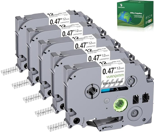 TZe TZ Tape 12mm 0.47 Laminated Clear Compatible for Brother P Touch Label Tape TZe-131 TZe131 TZ-131 TZ131 Replacement for Brother P Touch Lable Maker 12mm Clear for PTH110 PTD200 PTD210, 5 Pack