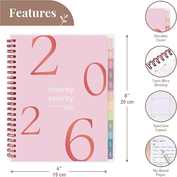 Rileys 2026 Planner, Agenda Planner With Weekly And Monthly View, Daily Agenda Book And Yearly Planners Calendar Book, Spiral Bound With Tabs, Notes, Goals And Holidays (Float, Pink, 8 x 6 in)