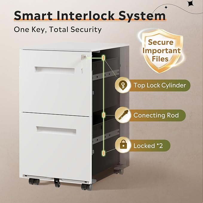 DEVAISE 2-Drawer Metal File Cabinet with Lock, Mobile Filing Cabinet Under Desk for Home Office, Fully Assembled Printer Stand fits F4/A4/Letter/Legal Size, White, 20" D x 15" W x 27" H