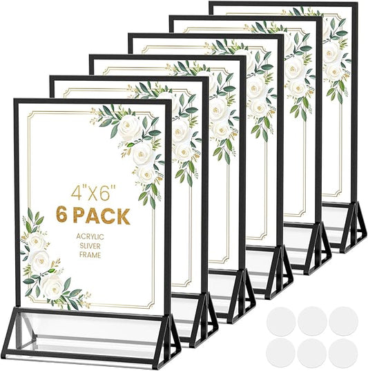 Acrylic Sign Holder 4X6 Black Picture Frame Double-Sided Acrylic Frames for Wedding Table Numbers Photo Frames Flyers Menu with Removable Sticky Dots-6 Pack