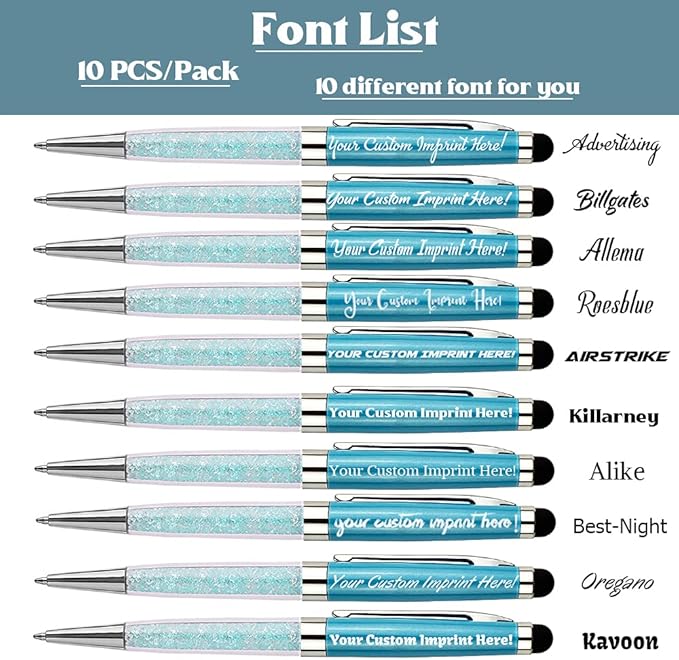 Ancolo Custom Ballpoint Pens Stylus Tip Blue Crystal-Custom personal pens School Writing Set- Engraved Name pens - with Your Team Name or Slogan/Phone number/Address- 10 Pens/Box