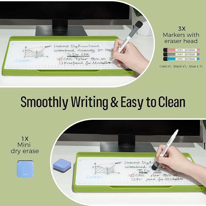 LOUKIN Glass Desktop Whiteboard, 15.3" x 5.6" Dry Erase Desk Board with Dotted and Graduated Surface, Desktop Buddy, Great for Design and Drawing, 3 Markers and 1 Dry Erase Eraser Included (Green)