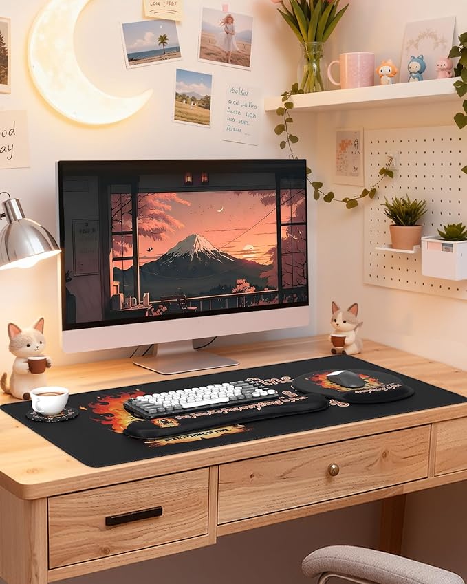 HAOCOO Memory Foam Ergonomic Keyboard Wrist Rest with Mouse Pad Wrist Support, Stitched Edges Large Gaming Desk Mat with Coaster 4-in-1 Set, Non-Slip Base Desk Protector Mat for Office Supplies