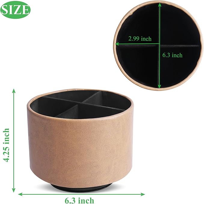 Hennaja Round Leather Art Supply Organizer,Remote Control Holder,360 Degree Spinning,Multi-Functional Pencil Holder,4 Compartments Desktop Stationary Organizer(1-Oil Yellow)