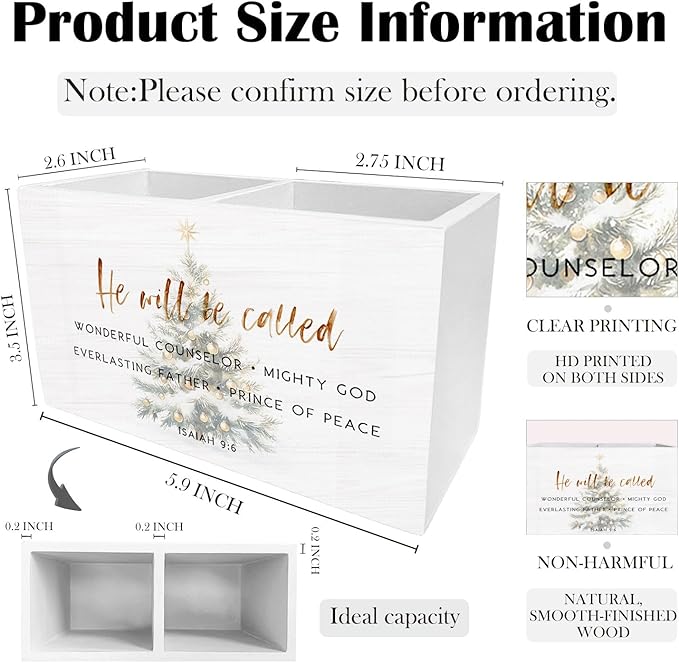 Christmas Tree Christian Pen Holder for Desk, He Will Be Called Bible Verse Wooden Box Sign Desk Decor for Home Office Decoration, Religious Pencil Organizer, Christian Christmas Decor