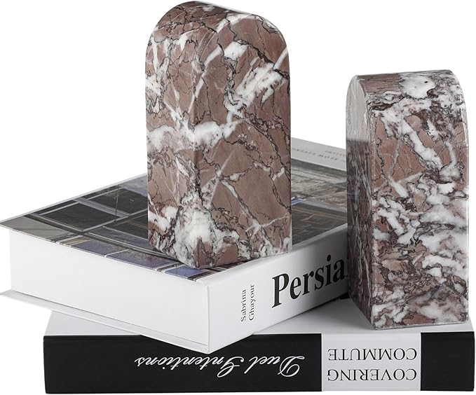 Koville Turkish Natural Marble Bookends for Shelves, Decorative Book Ends, 7lbs Heavy-Duty Marble Book Holders, Bookshelf Apartment Decor for Normal Books/CD/Video Games(Leopard)
