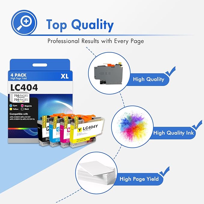 LC404XL LC404 Ink Cartridges for Brother Printer 404XL LC 404 XL for MFC-J1205W MFC-J1215W MFC J1205W J1215W - 4 Pack High Yields Black Cyan Magenta Yellow