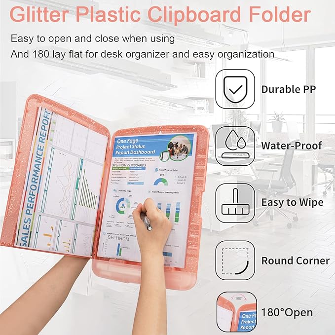 Glitter Clipboard with Storage,Storage Clipboard with Pen Holder,A4 Binder Clip Boards 8.5x11 with Low Profile Clip,Side Opening Sparkle Clipboards, Clipboards Folder for Office Supplies-Pale Pink