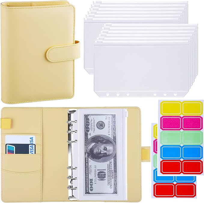 Antner A6 Budget Binder with Zipper Cash Envelopes for Money Organizer & Budgeting, PU Leather Budget Planner Money Saving Binder with Cash Stuffing Envelopes & Labels for Home Office Travel, Yellow